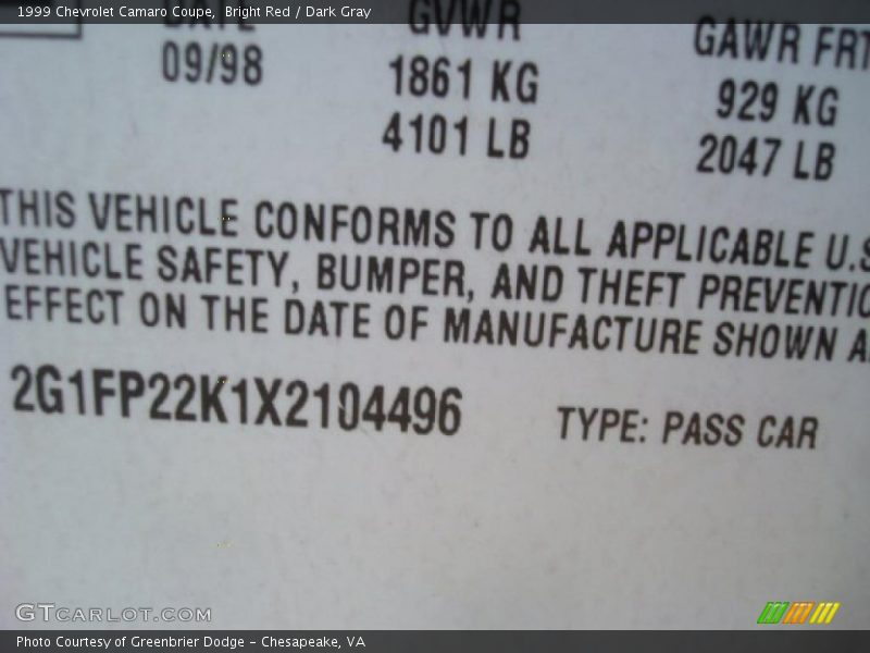 Bright Red / Dark Gray 1999 Chevrolet Camaro Coupe