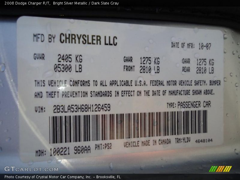 Bright Silver Metallic / Dark Slate Gray 2008 Dodge Charger R/T