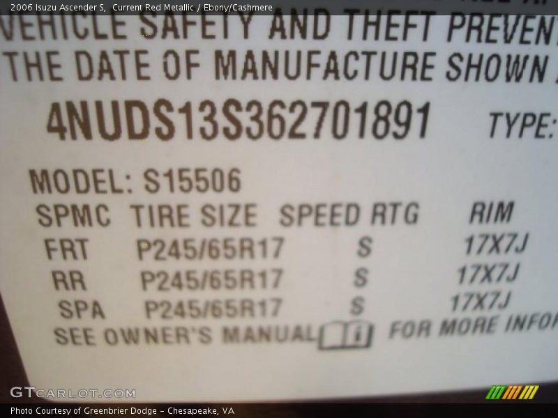 Current Red Metallic / Ebony/Cashmere 2006 Isuzu Ascender S