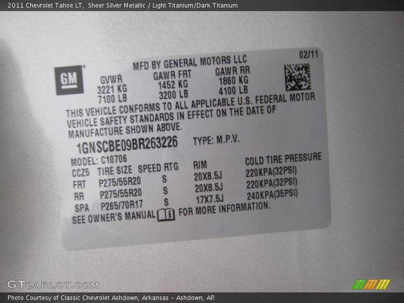 Info Tag of 2011 Tahoe LT