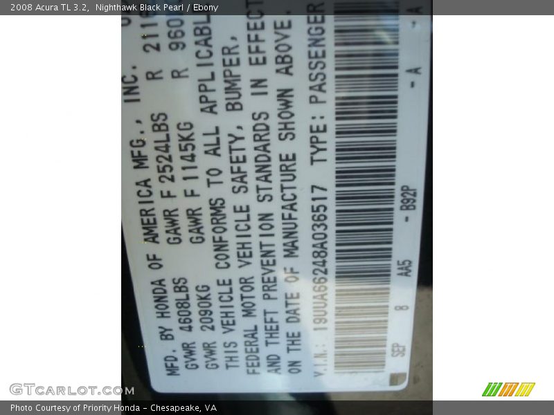 Nighthawk Black Pearl / Ebony 2008 Acura TL 3.2