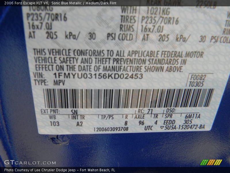 Sonic Blue Metallic / Medium/Dark Flint 2006 Ford Escape XLT V6