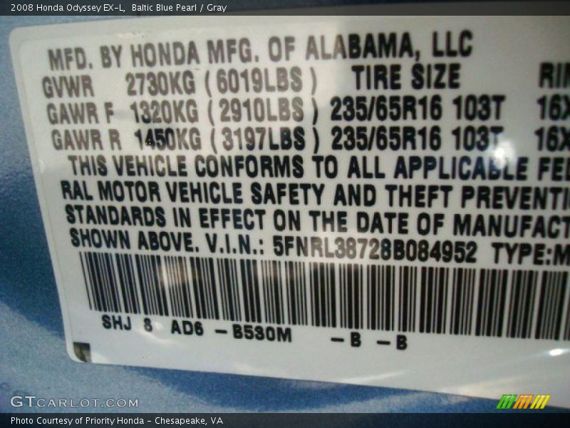 Baltic Blue Pearl / Gray 2008 Honda Odyssey EX-L
