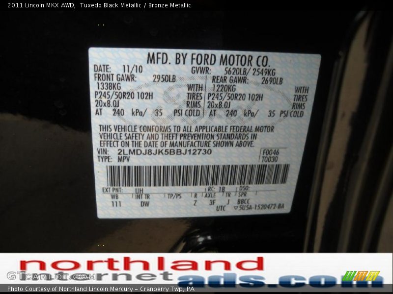 Tuxedo Black Metallic / Bronze Metallic 2011 Lincoln MKX AWD