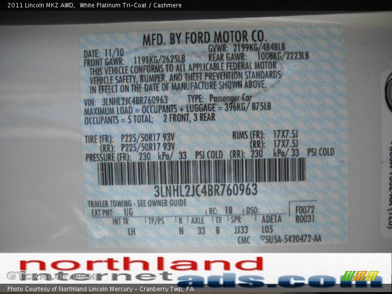 White Platinum Tri-Coat / Cashmere 2011 Lincoln MKZ AWD