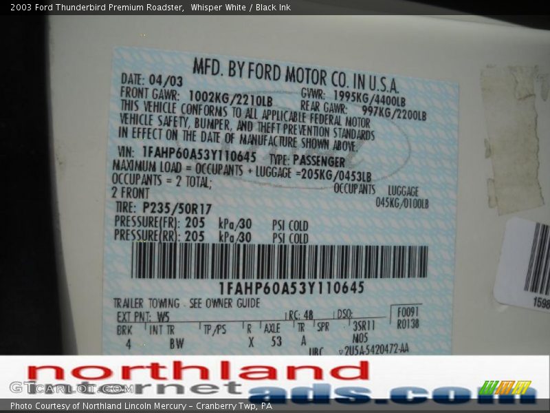 Whisper White / Black Ink 2003 Ford Thunderbird Premium Roadster