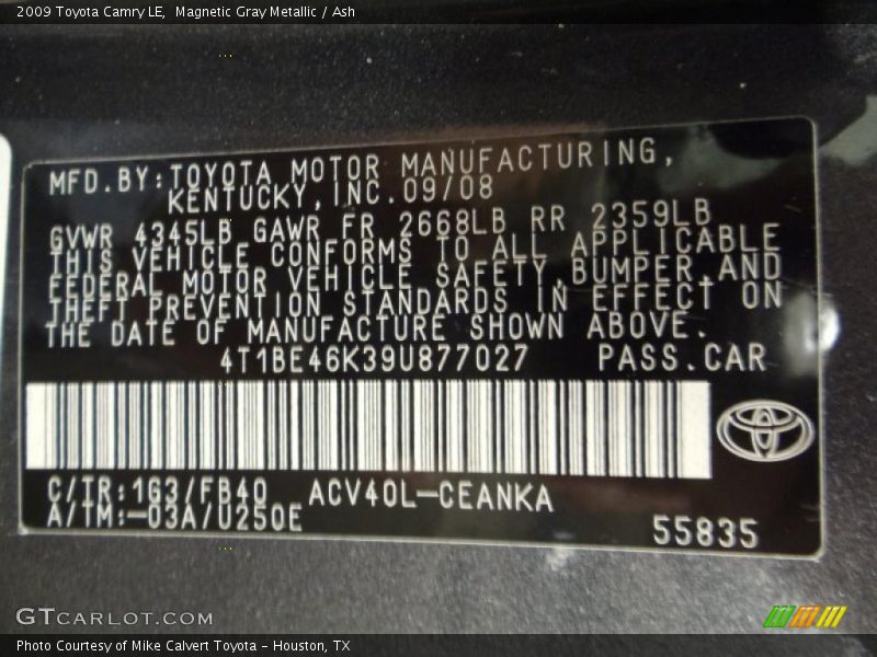 Magnetic Gray Metallic / Ash 2009 Toyota Camry LE