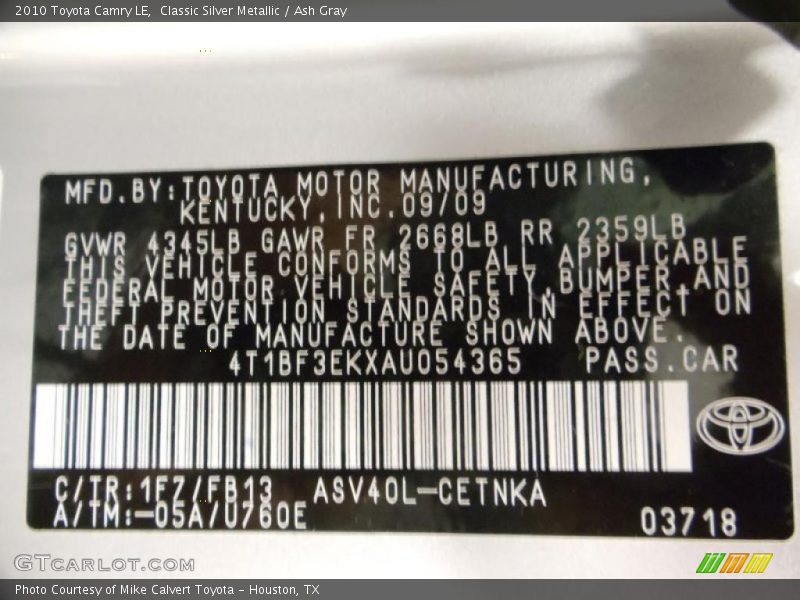 Classic Silver Metallic / Ash Gray 2010 Toyota Camry LE