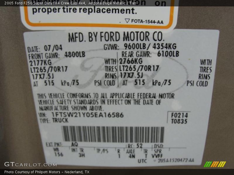 2005 F250 Super Duty FX4 Crew Cab 4x4 Arizona Beige Metallic Color Code AQ
