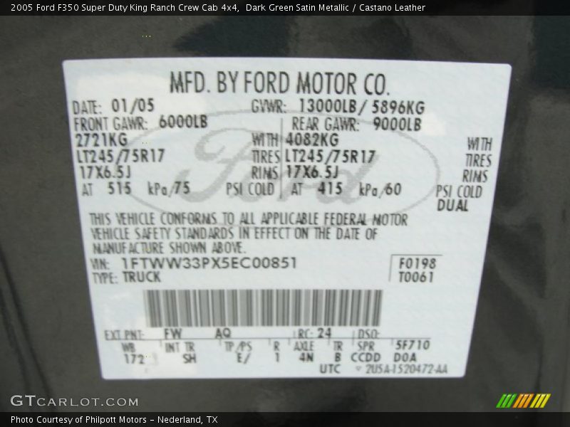 Dark Green Satin Metallic / Castano Leather 2005 Ford F350 Super Duty King Ranch Crew Cab 4x4