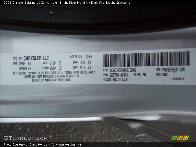 Bright Silver Metallic / Dark Khaki/Light Graystone 2008 Chrysler Sebring LX Convertible