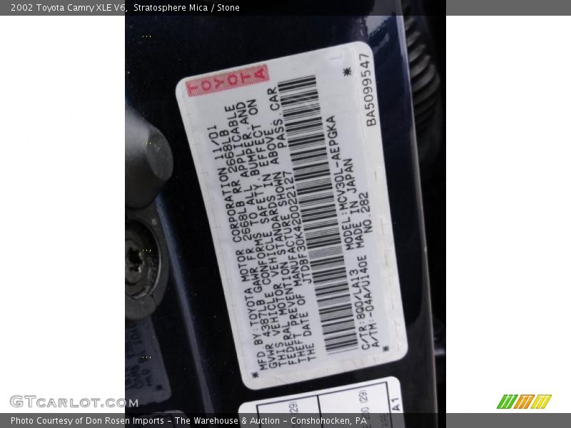 2002 Camry XLE V6 Stratosphere Mica Color Code 8Q0