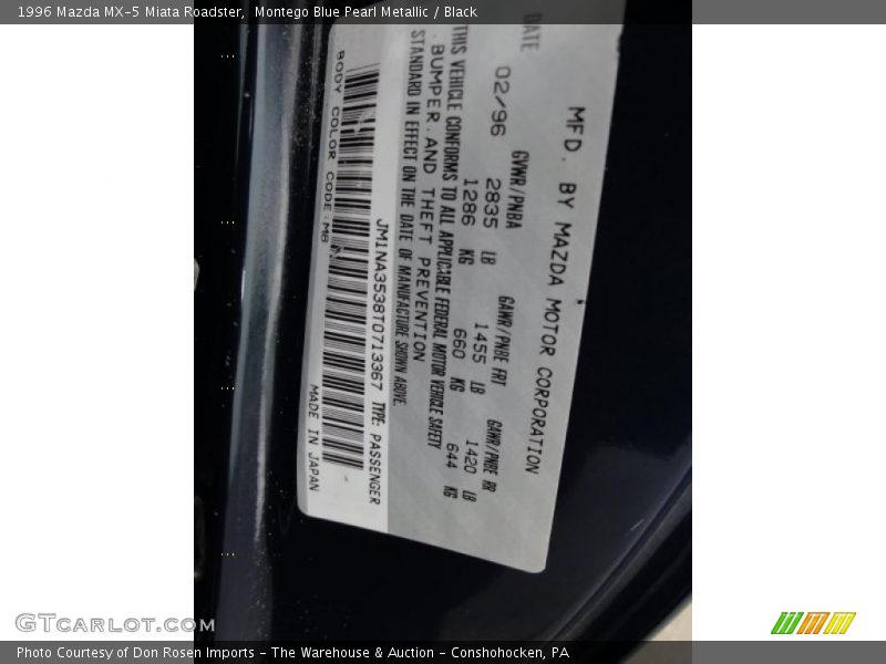 1996 MX-5 Miata Roadster Montego Blue Pearl Metallic Color Code M8