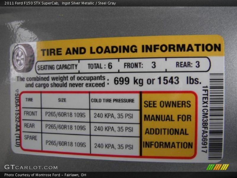 Info Tag of 2011 F150 STX SuperCab
