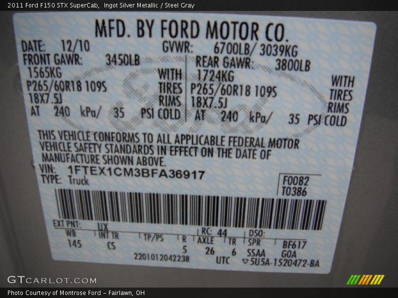 2011 F150 STX SuperCab Ingot Silver Metallic Color Code UX