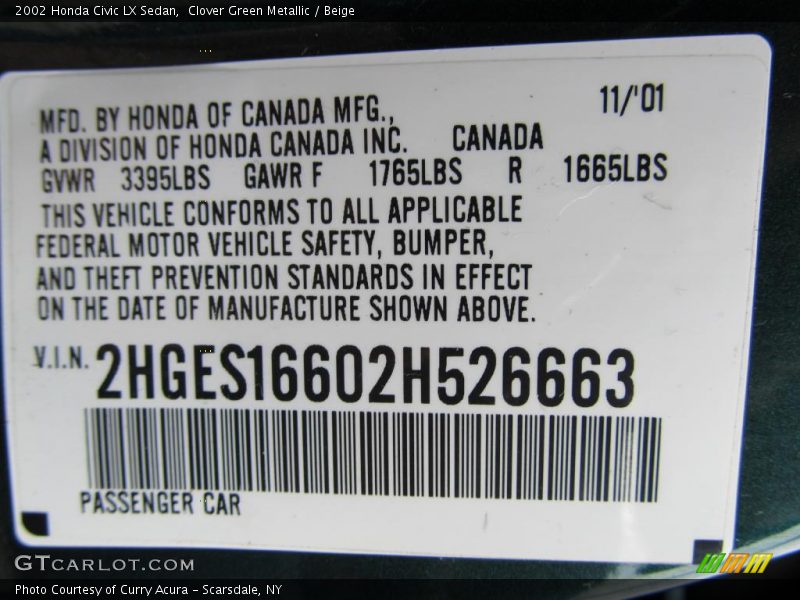 Info Tag of 2002 Civic LX Sedan