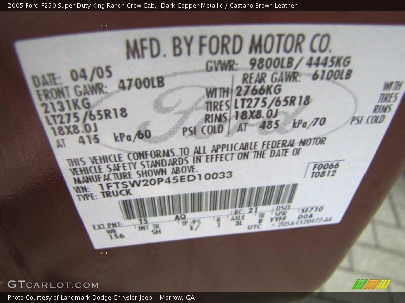 2005 F250 Super Duty King Ranch Crew Cab Dark Copper Metallic Color Code T5