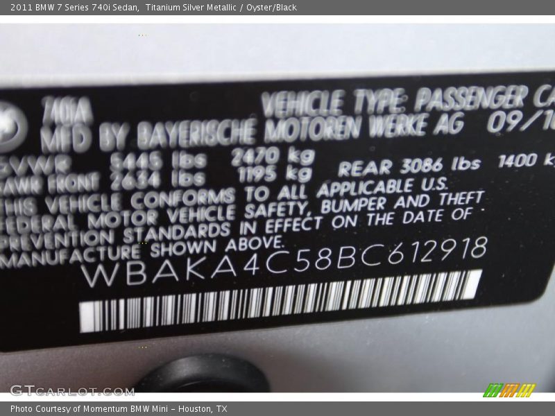 Titanium Silver Metallic / Oyster/Black 2011 BMW 7 Series 740i Sedan