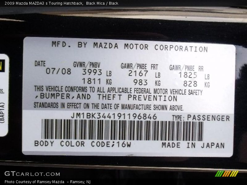 2009 MAZDA3 s Touring Hatchback Black Mica Color Code 16W
