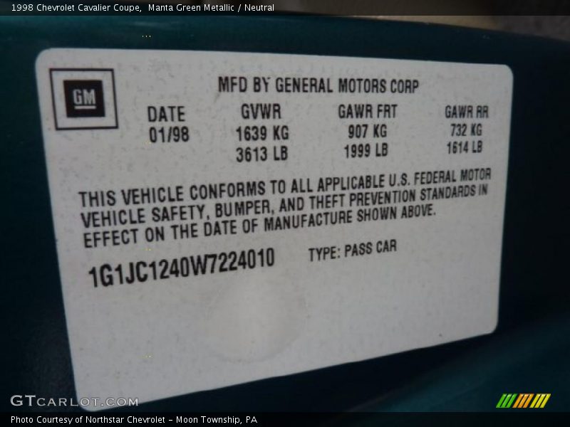 Manta Green Metallic / Neutral 1998 Chevrolet Cavalier Coupe