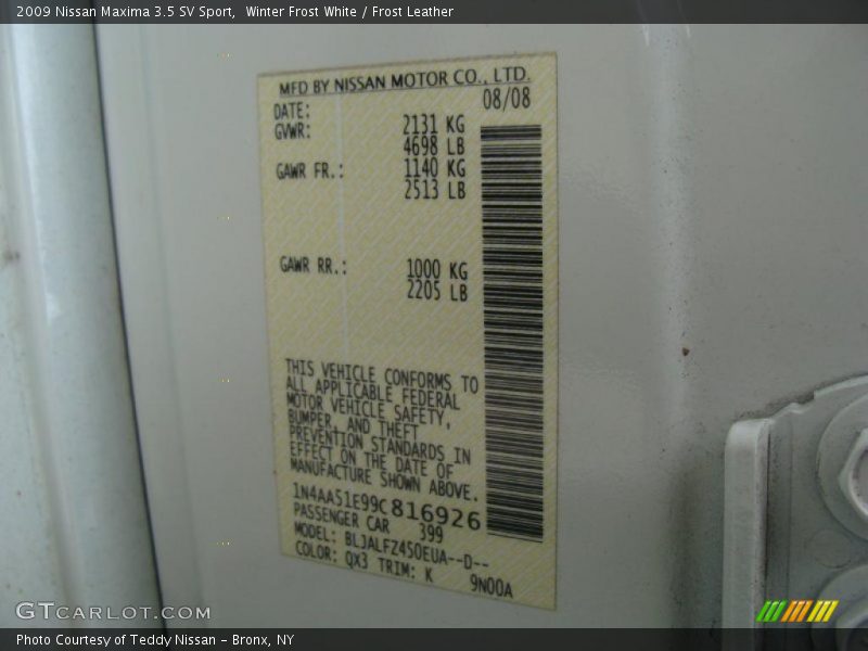 Winter Frost White / Frost Leather 2009 Nissan Maxima 3.5 SV Sport