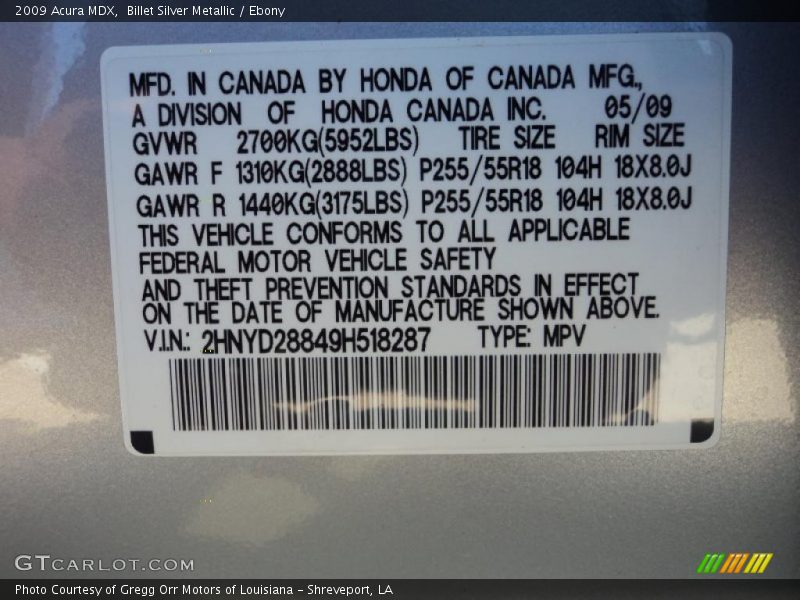 Billet Silver Metallic / Ebony 2009 Acura MDX