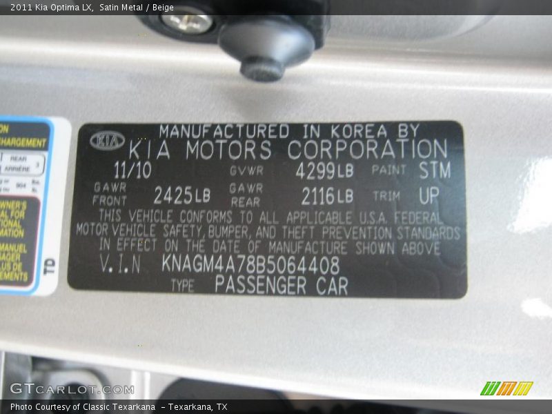 2011 Optima LX Satin Metal Color Code STM