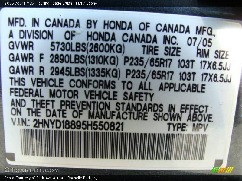 Sage Brush Pearl / Ebony 2005 Acura MDX Touring