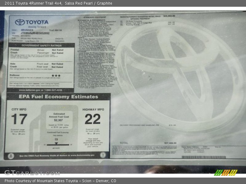  2011 4Runner Trail 4x4 Window Sticker