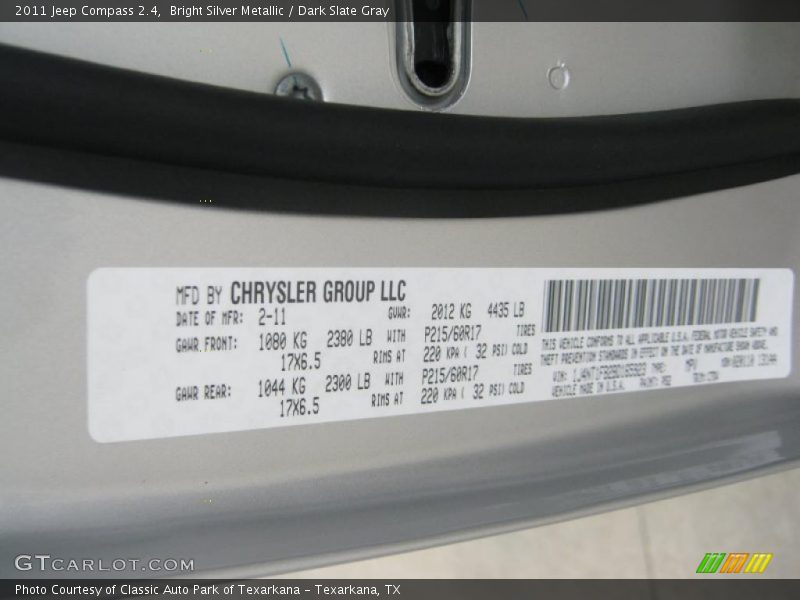 2011 Compass 2.4 Bright Silver Metallic Color Code PS2