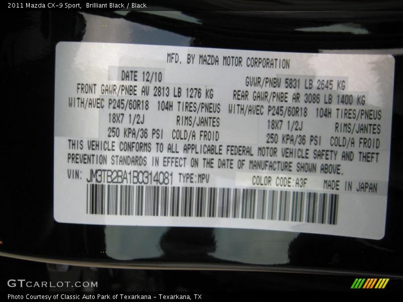 2011 CX-9 Sport Brilliant Black Color Code A3F