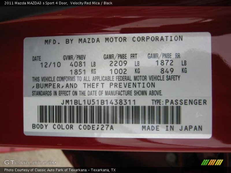 2011 MAZDA3 s Sport 4 Door Velocity Red Mica Color Code 27A