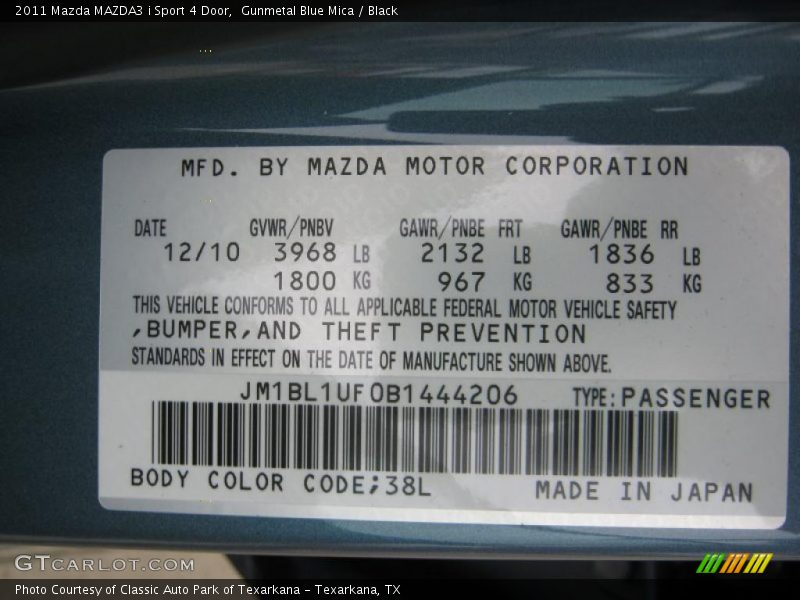 2011 MAZDA3 i Sport 4 Door Gunmetal Blue Mica Color Code 38L