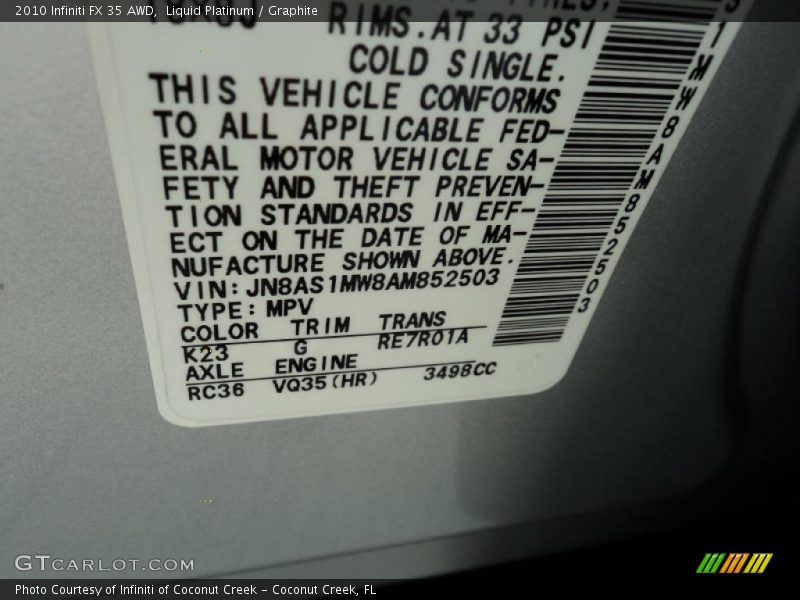Liquid Platinum / Graphite 2010 Infiniti FX 35 AWD
