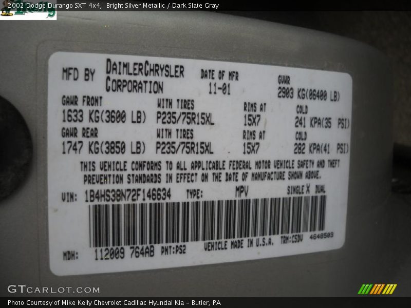 Bright Silver Metallic / Dark Slate Gray 2002 Dodge Durango SXT 4x4