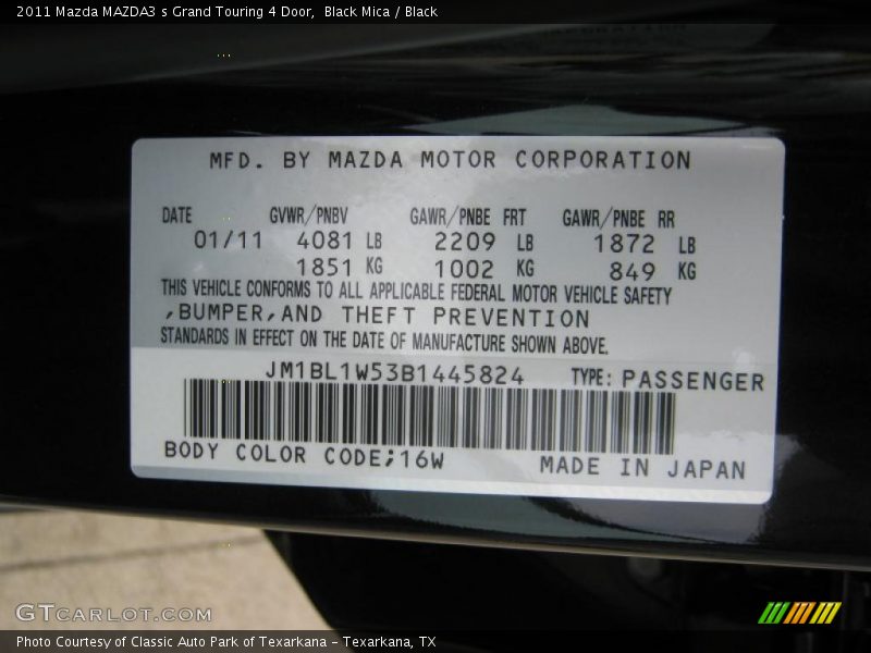 2011 MAZDA3 s Grand Touring 4 Door Black Mica Color Code 16W