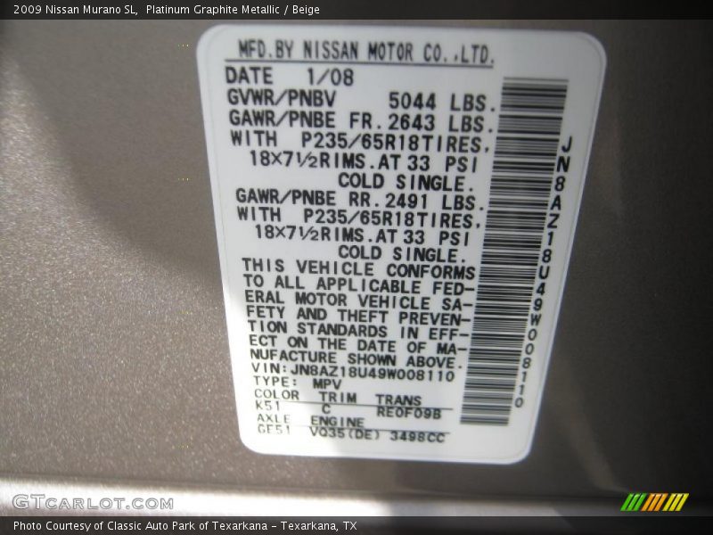 Platinum Graphite Metallic / Beige 2009 Nissan Murano SL
