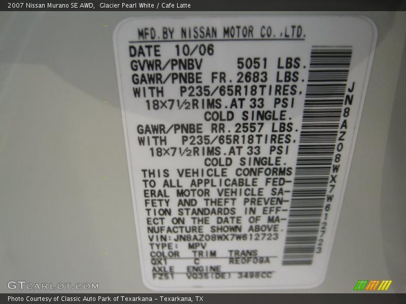 Glacier Pearl White / Cafe Latte 2007 Nissan Murano SE AWD