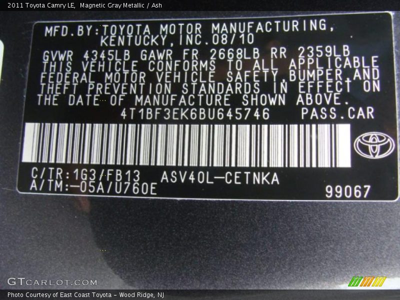 Magnetic Gray Metallic / Ash 2011 Toyota Camry LE