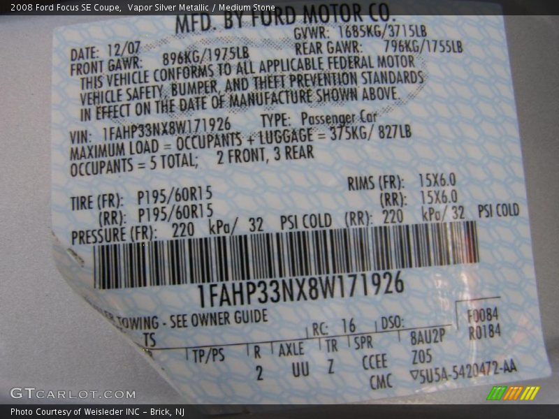 Vapor Silver Metallic / Medium Stone 2008 Ford Focus SE Coupe