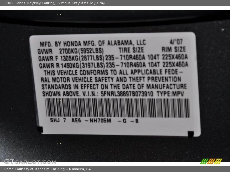Nimbus Gray Metallic / Gray 2007 Honda Odyssey Touring