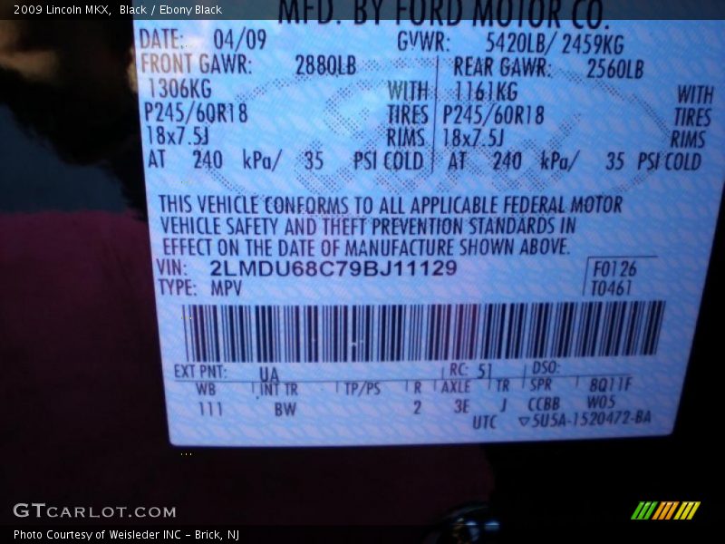 2009 MKX  Black Color Code UA