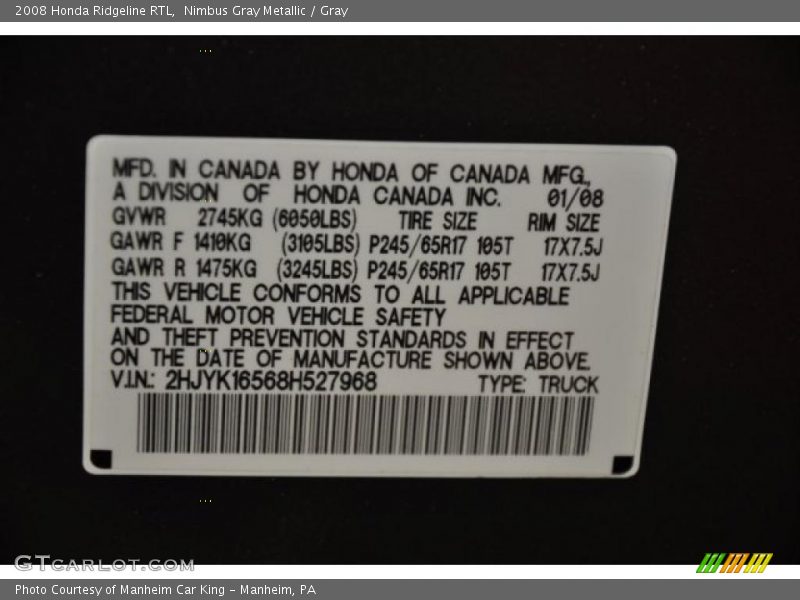 Nimbus Gray Metallic / Gray 2008 Honda Ridgeline RTL
