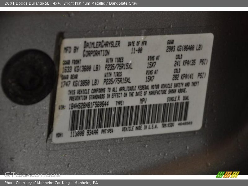 Bright Platinum Metallic / Dark Slate Gray 2001 Dodge Durango SLT 4x4