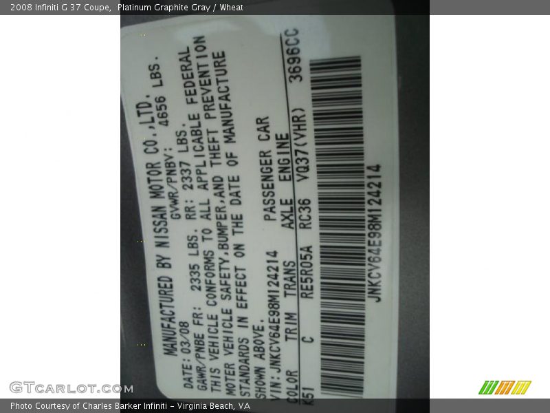 Platinum Graphite Gray / Wheat 2008 Infiniti G 37 Coupe