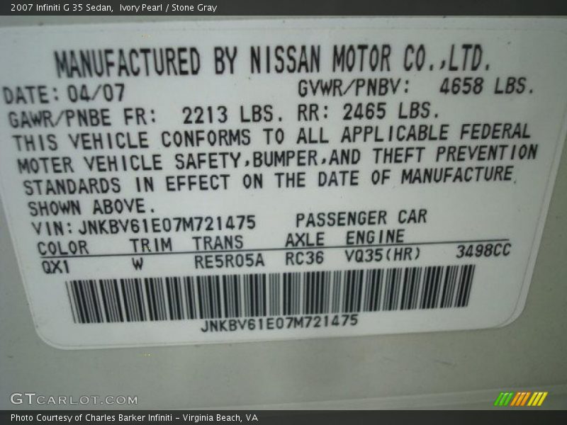 Ivory Pearl / Stone Gray 2007 Infiniti G 35 Sedan