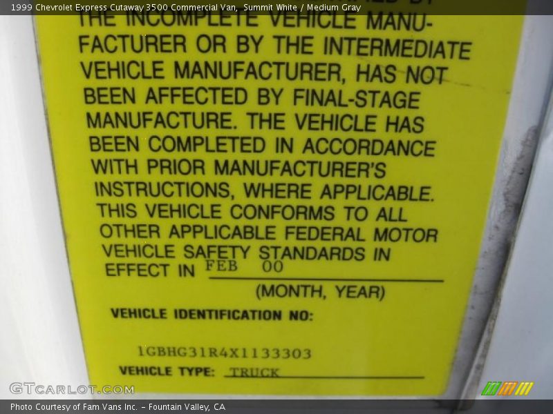 Summit White / Medium Gray 1999 Chevrolet Express Cutaway 3500 Commercial Van