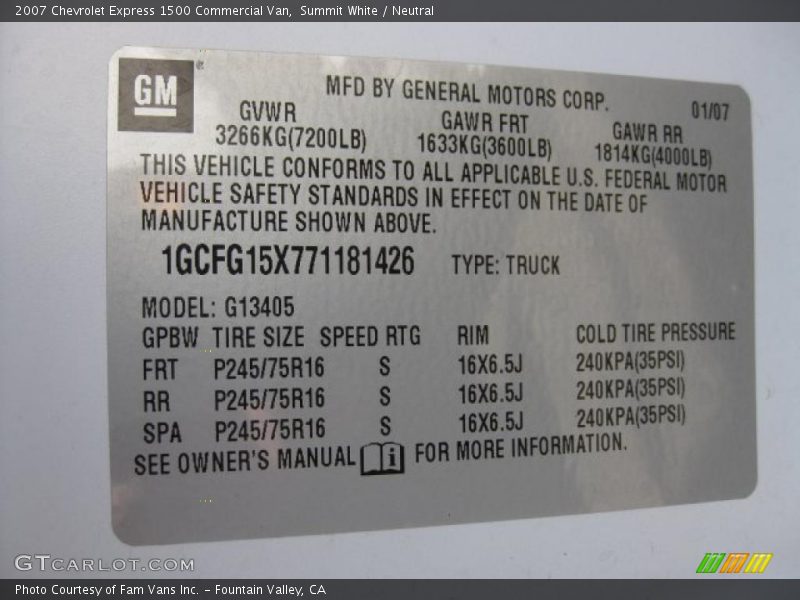 Info Tag of 2007 Express 1500 Commercial Van
