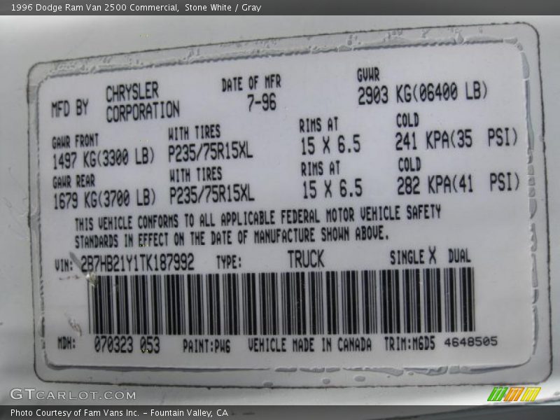 1996 Ram Van 2500 Commercial Stone White Color Code PWG