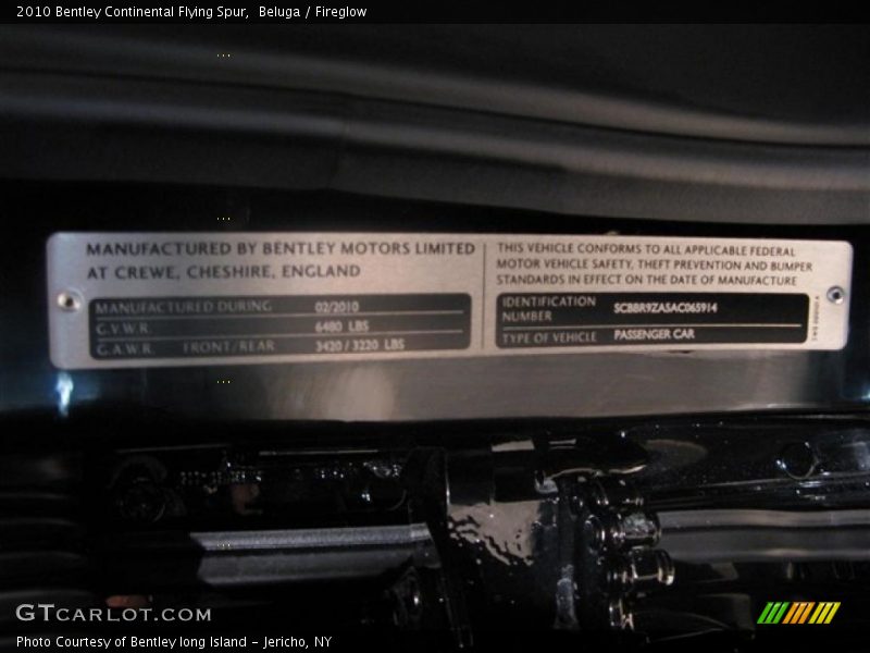 Info Tag of 2010 Continental Flying Spur 